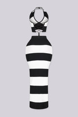 Striped ribbed knit halter crop top with a lace up back closure, black back view.