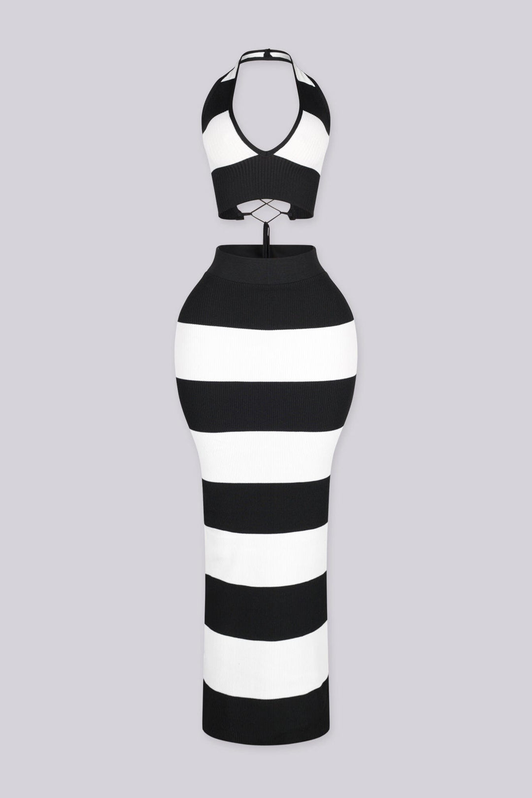 Striped ribbed knit halter crop top with a lace up back closure, black front view.