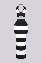 Striped ribbed knit halter crop top with a lace up back closure, black front view.