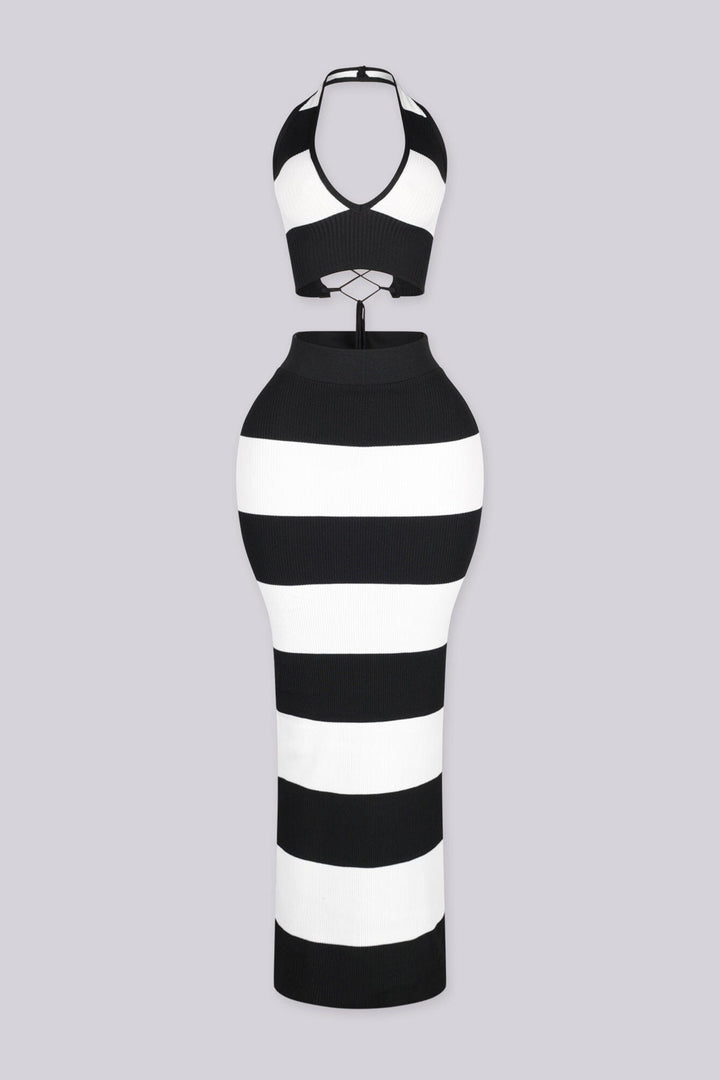 Striped ribbed knit halter crop top with a lace up back closure, black front view.