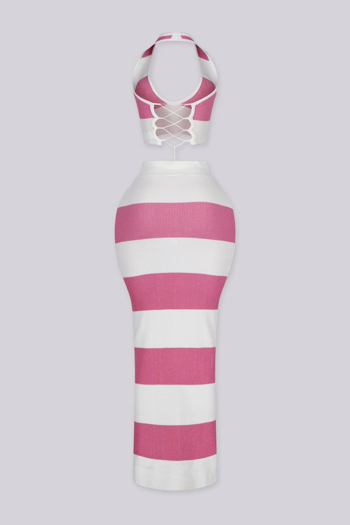 Striped ribbed knit halter crop top with a lace up back closure, pink back view.