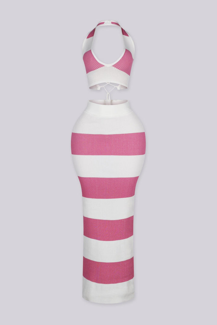 Striped ribbed knit halter crop top with a lace up back closure, pink front view.
