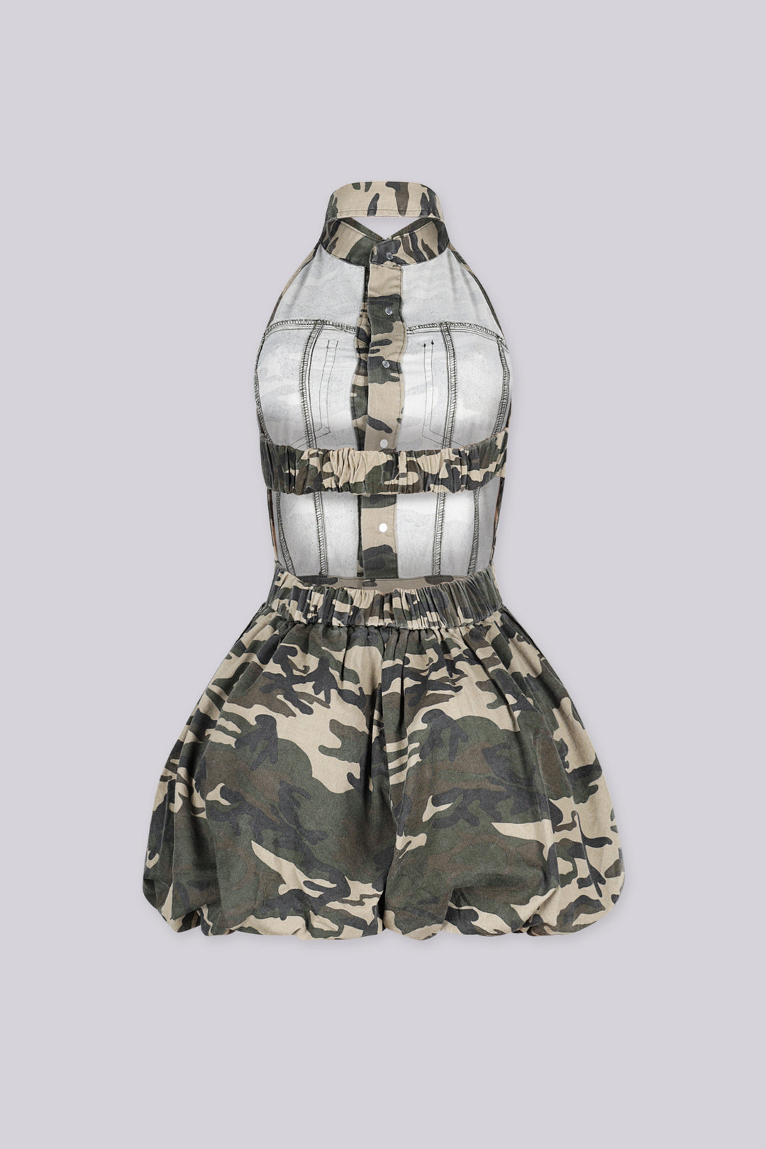 EDGEBYKS - Sleeveless halter fit camouflage print romper with a collar,
back view