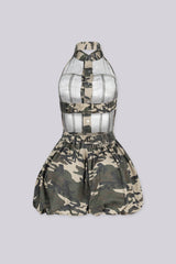 EDGEBYKS - Sleeveless halter fit camouflage print romper with a collar,
back view