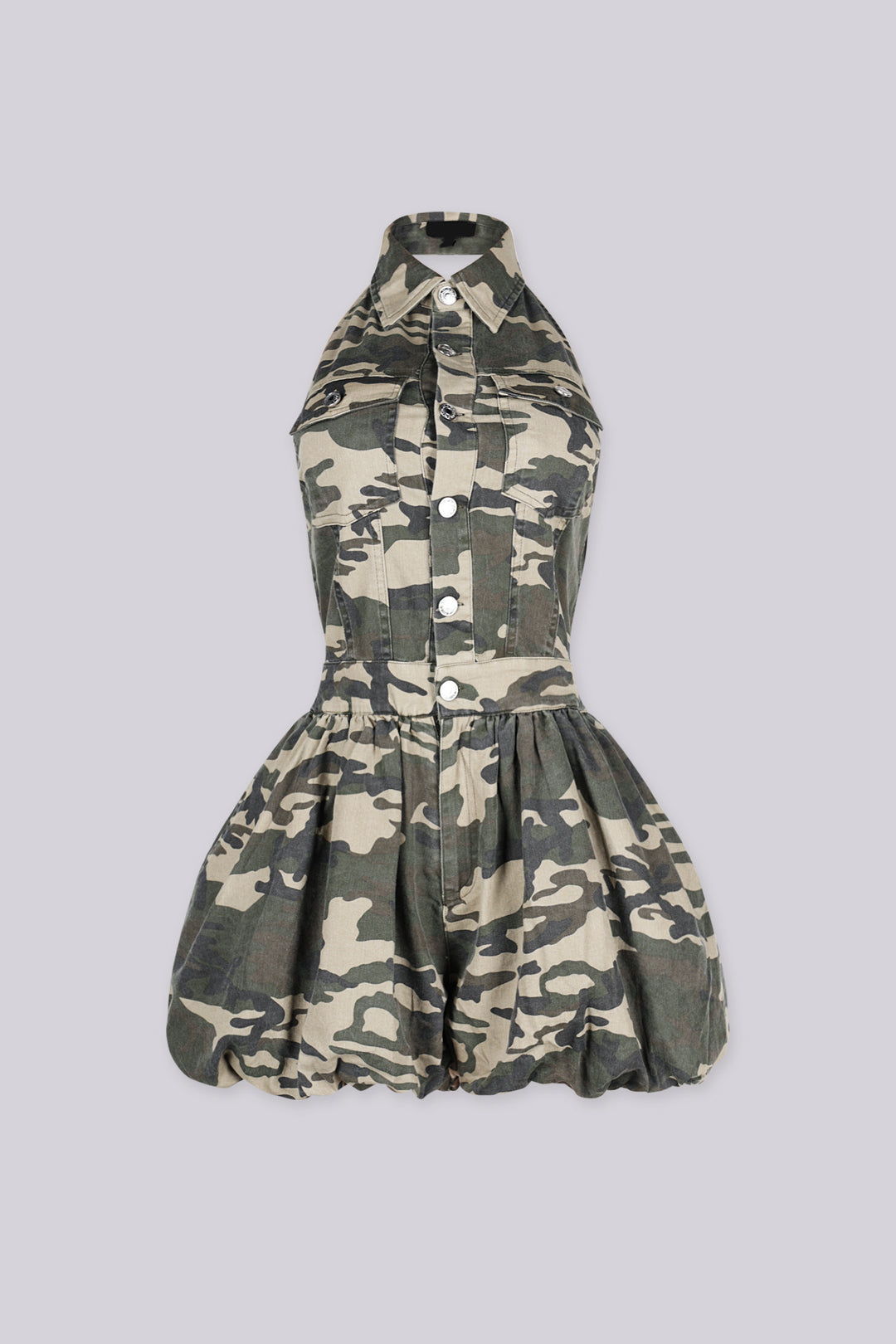 EDGEBYKS - Sleeveless halter fit camouflage print romper with a collar,
front view
