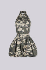 EDGEBYKS - Sleeveless halter fit camouflage print romper with a collar,
front view