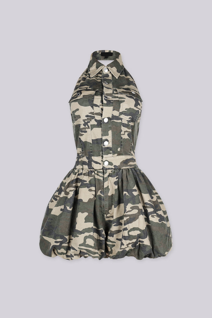 EDGEBYKS - Sleeveless halter fit camouflage print romper with a collar,
front view