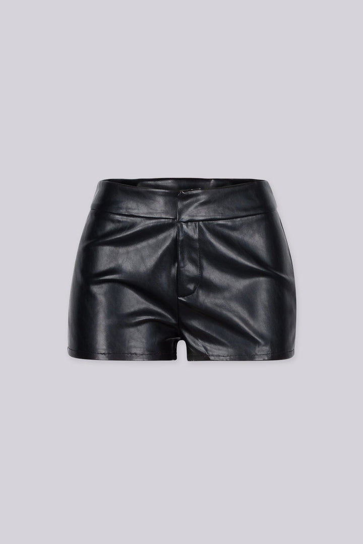 EDGEBYKS - Stretched faux leather high-waisted shorts with wide waistband, front view