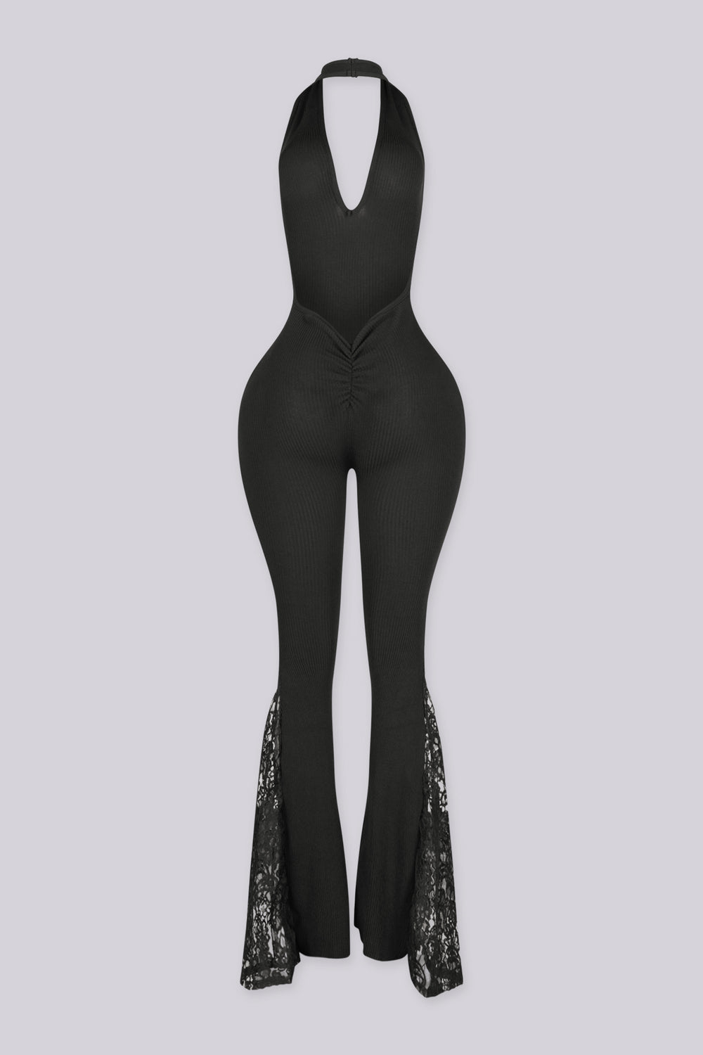 EDGEBKS - Ribbed knit fitted halter jumpsuit with a plunging V neckline and open low back, back view