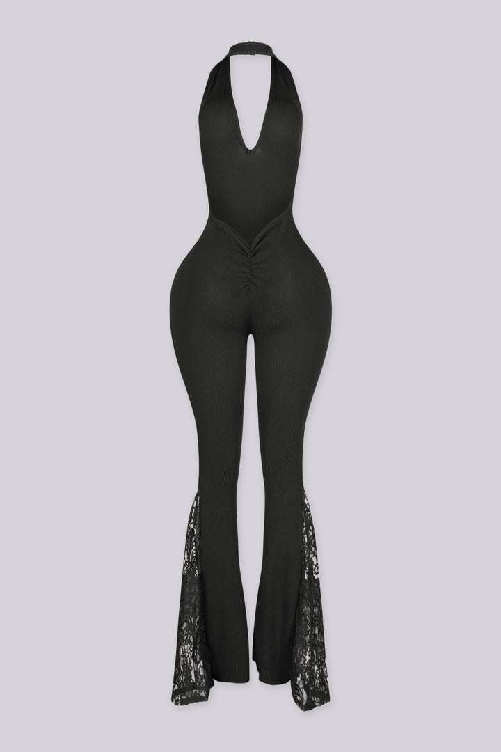 EDGEBKS - Ribbed knit fitted halter jumpsuit with a plunging V neckline and open low back, back view