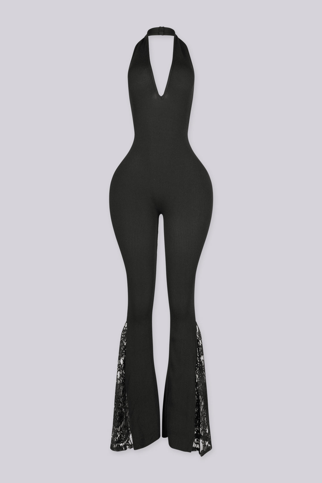 EDGEBKS - Ribbed knit fitted halter jumpsuit with a plunging V neckline and open low back, front view
