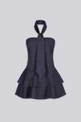 Broker Pinstripe Tie Neck Mini Dress