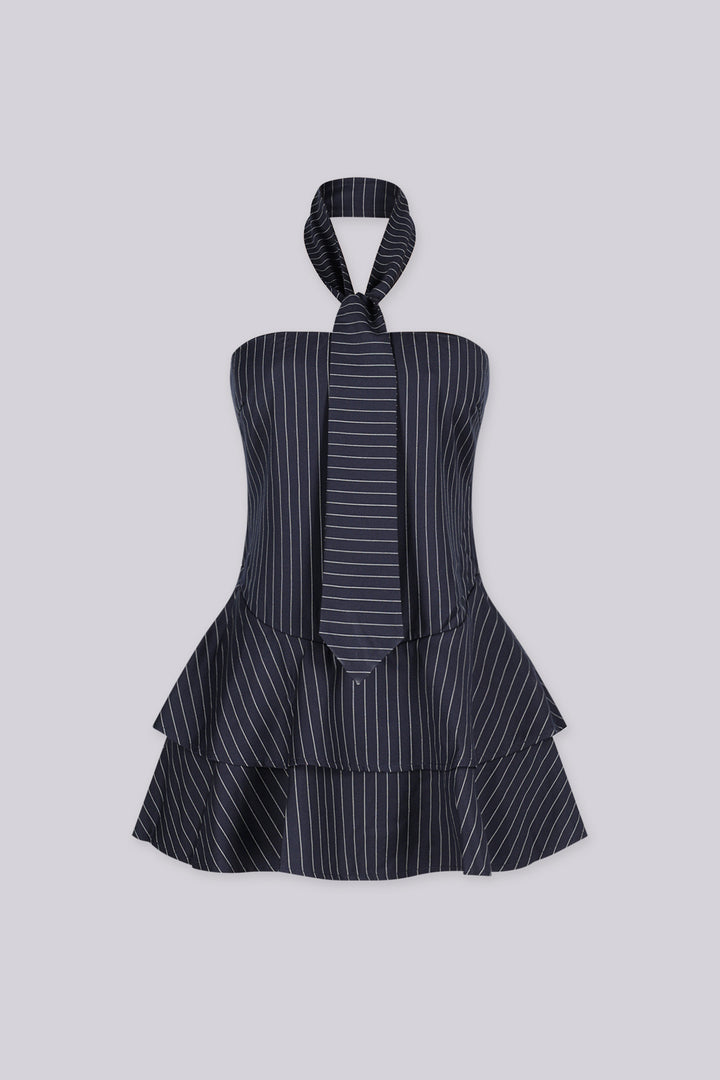 Broker Pinstripe Tie Neck Mini Dress