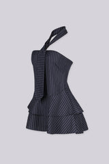 Broker Pinstripe Tie Neck Mini Dress