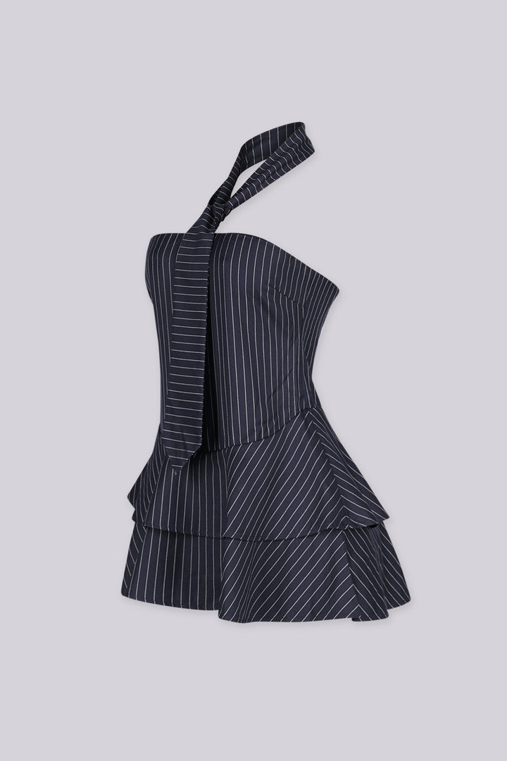 Broker Pinstripe Tie Neck Mini Dress