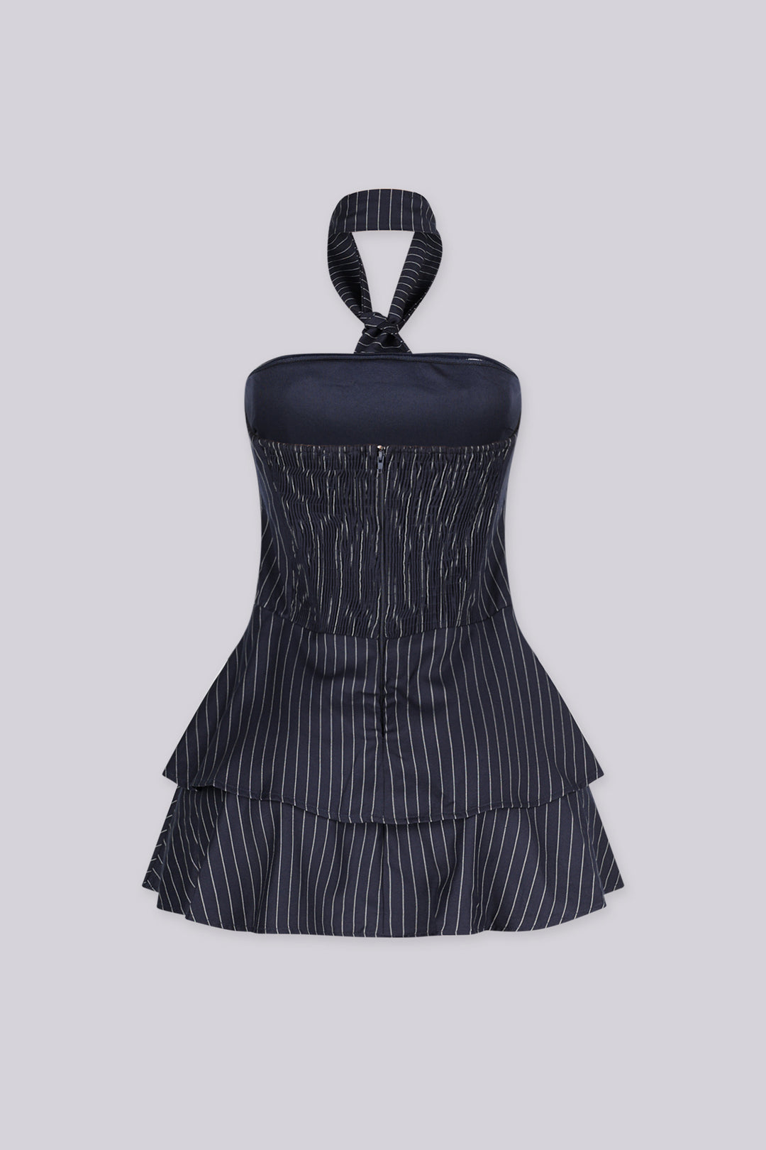 Broker Pinstripe Tie Neck Mini Dress