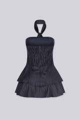Broker Pinstripe Tie Neck Mini Dress