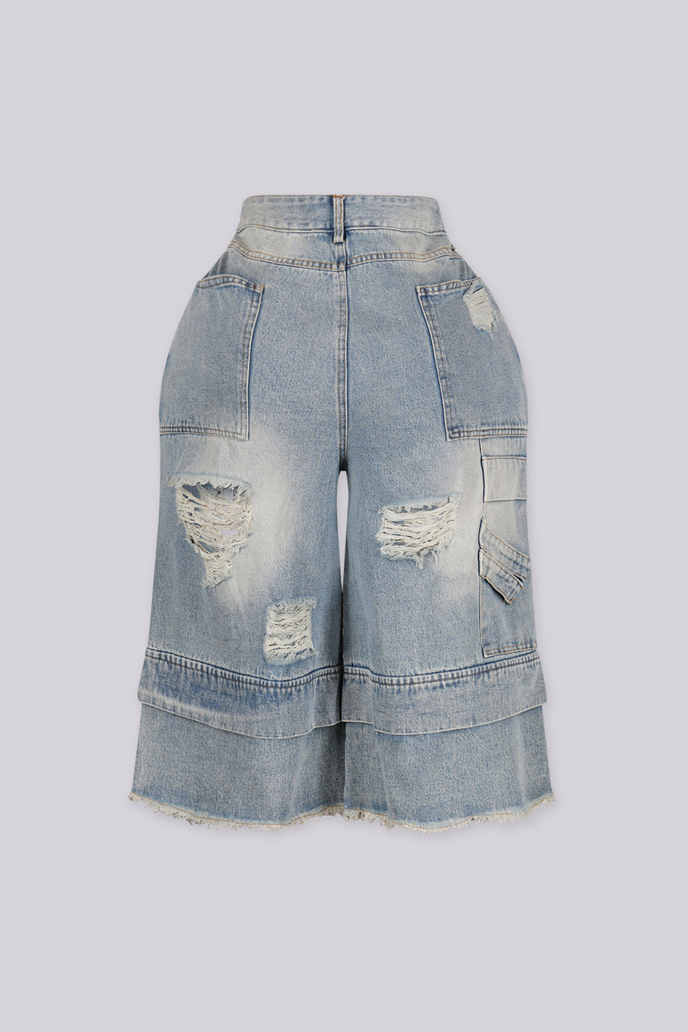 EDGEBYKS - High rise wide leg bermuda denim shorts with distressed rips and frayed patches, back view
