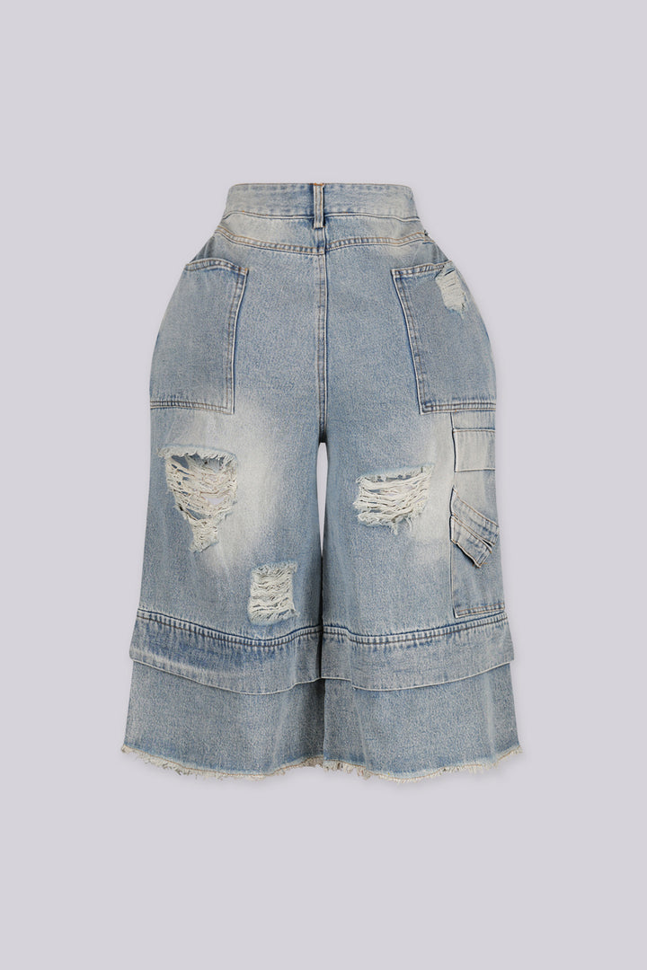 EDGEBYKS - High rise wide leg bermuda denim shorts with distressed rips and frayed patches, back view