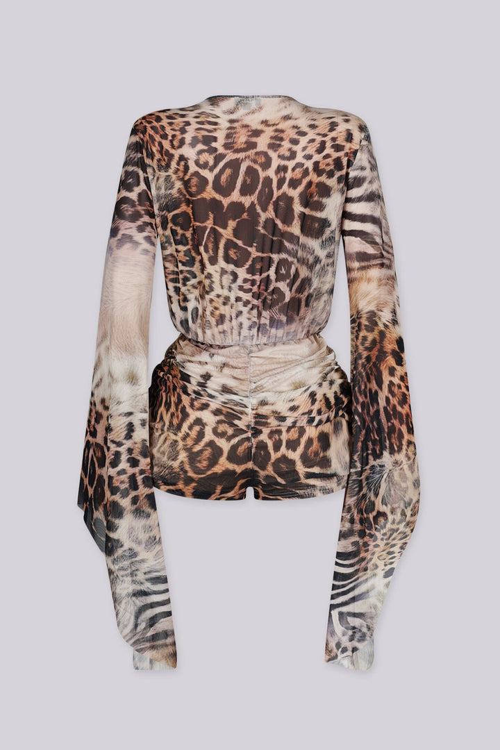 EDGEBYKS - Sheer mesh long sleeve romper with deep plunging neckline featuring a mixed animal print, back view