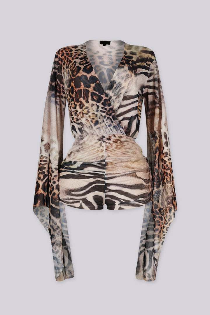 EDGEBYKS - Sheer mesh long sleeve romper with deep plunging neckline featuring a mixed animal print, front view