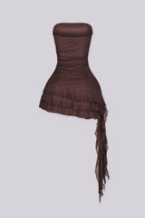 EDGEBYKS - Tube mesh mini dress with ruched bodice detail, Tiered ruffle hem featuring asymmetrical draped skirt, brown back view