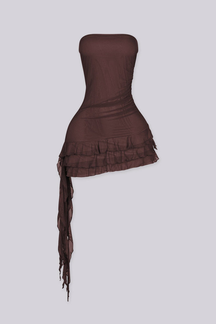 EDGEBYKS - Tube mesh mini dress with ruched bodice detail, Tiered ruffle hem featuring asymmetrical draped skirt, brown front view
