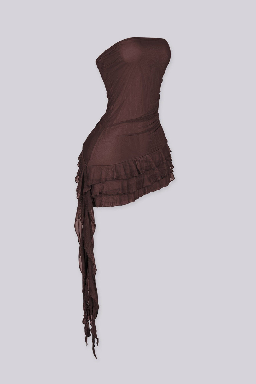 EDGEBYKS - Tube mesh mini dress with ruched bodice detail, Tiered ruffle hem featuring asymmetrical draped skirt, brown side view