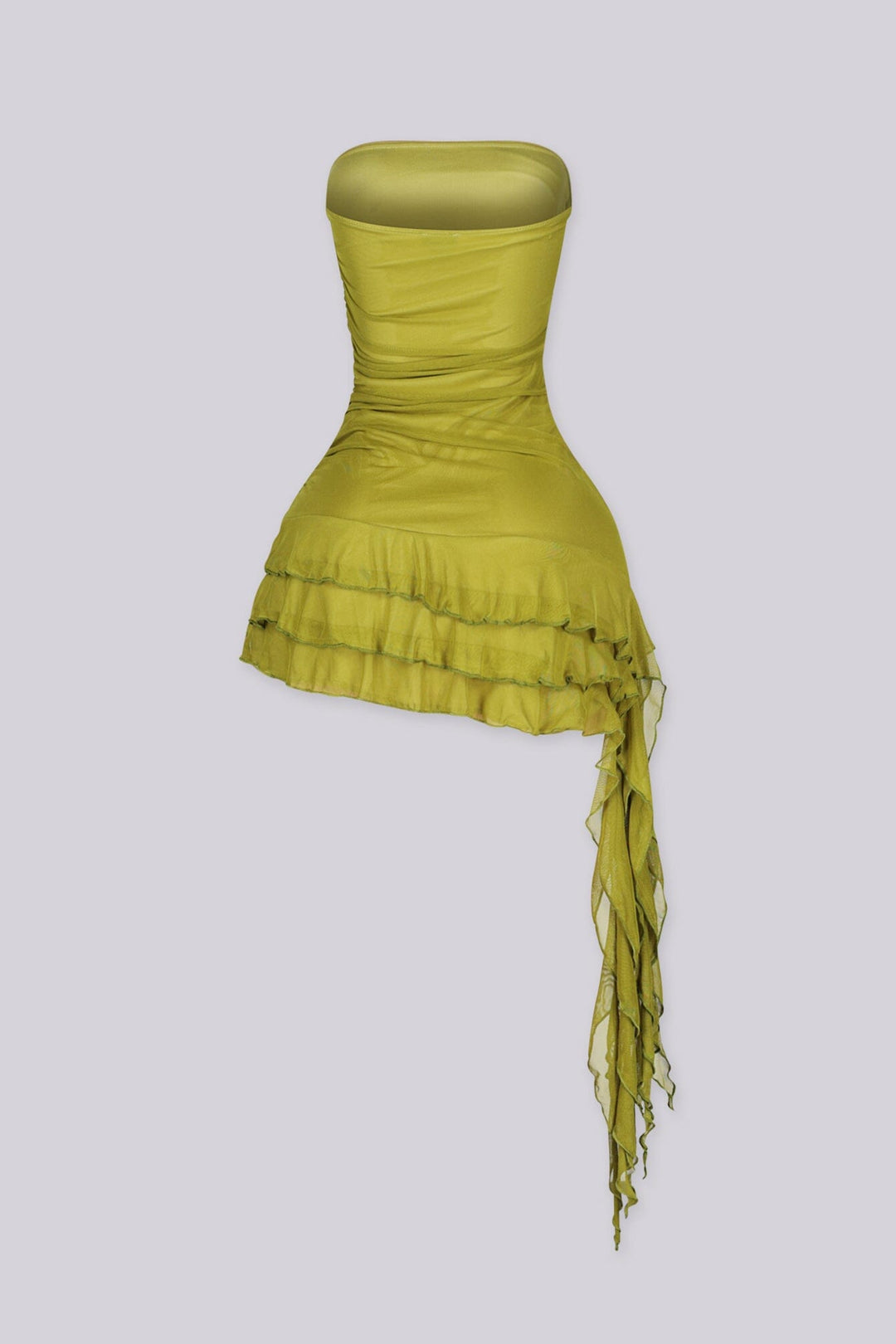 EDGEBYKS - Tube mesh mini dress with ruched bodice detail, Tiered ruffle hem featuring asymmetrical draped skirt, moss green back view