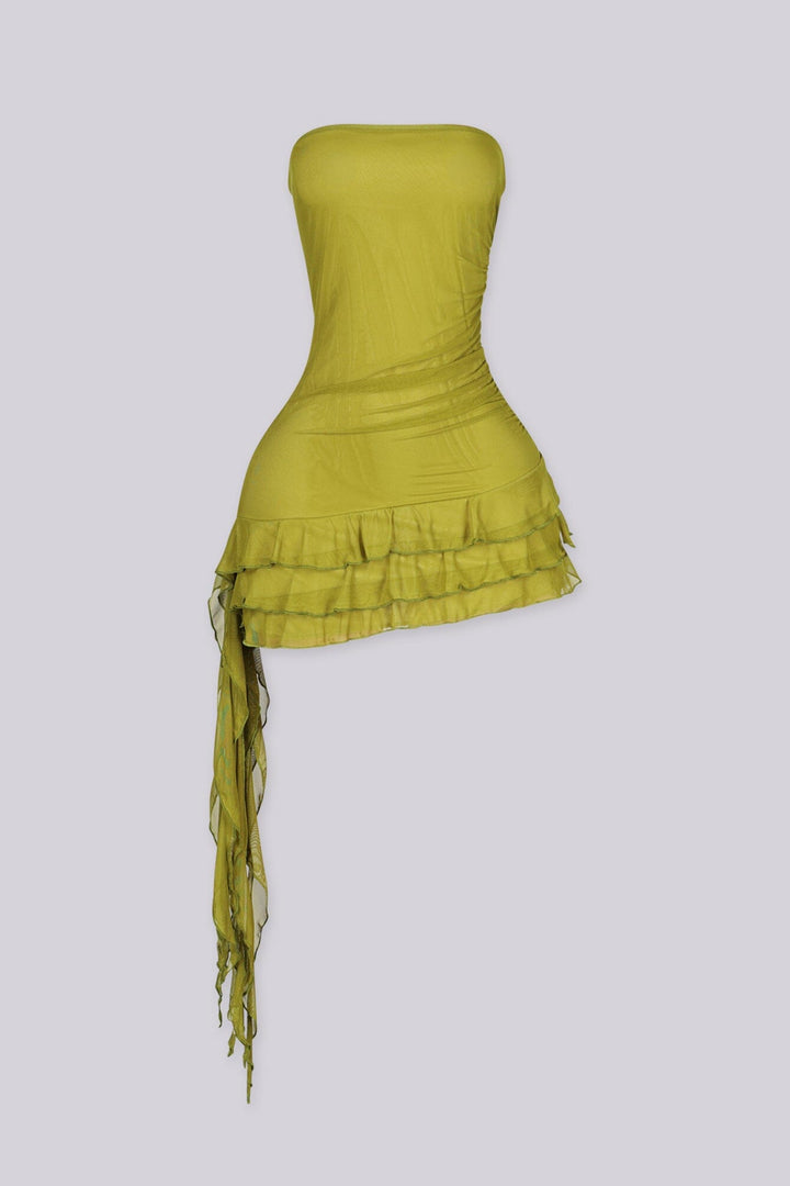 EDGEBYKS - Tube mesh mini dress with ruched bodice detail, Tiered ruffle hem featuring asymmetrical draped skirt, moss green front view
