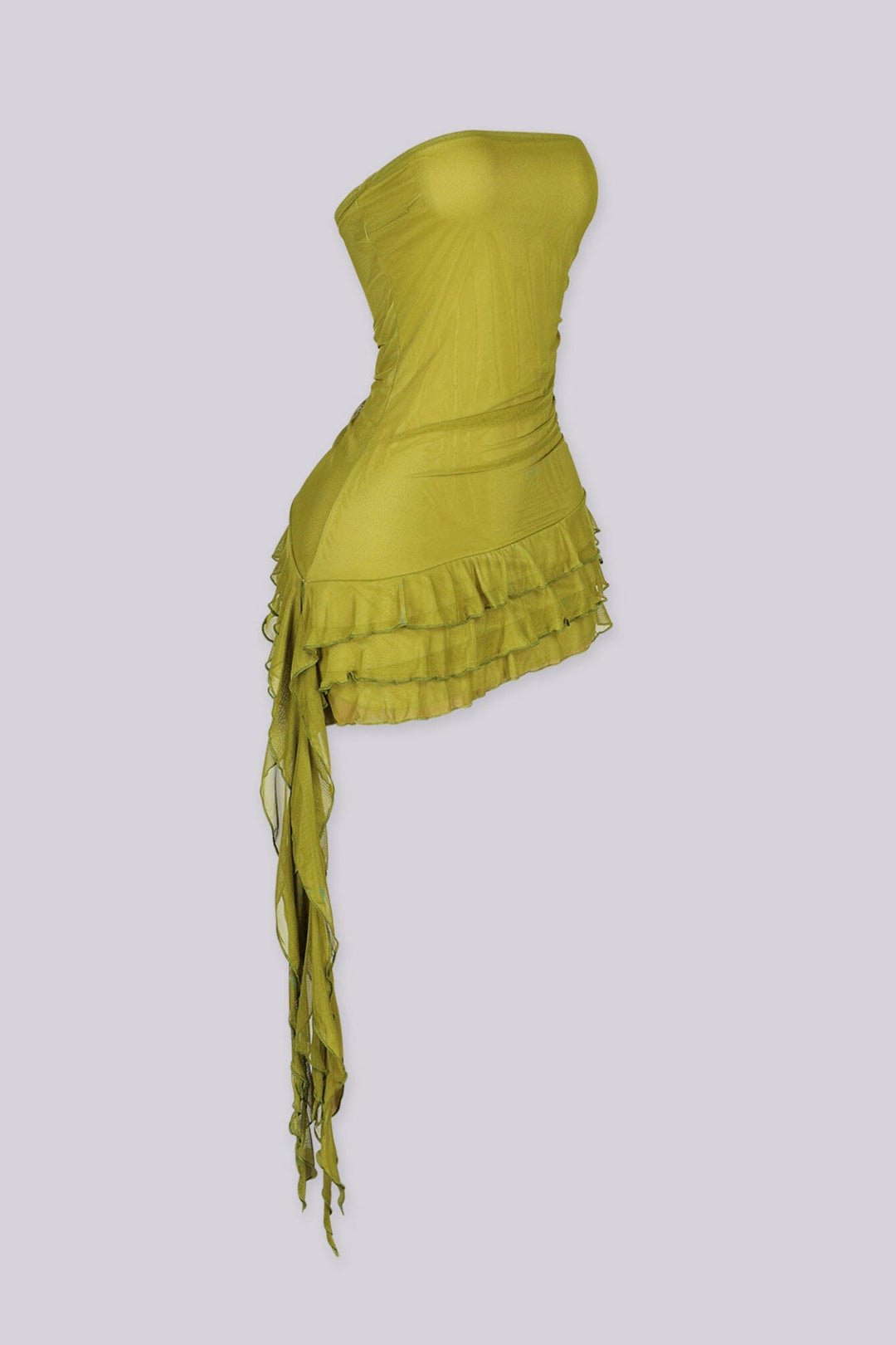 EDGEBYKS - Tube mesh mini dress with ruched bodice detail, Tiered ruffle hem featuring asymmetrical draped skirt, moss green side view