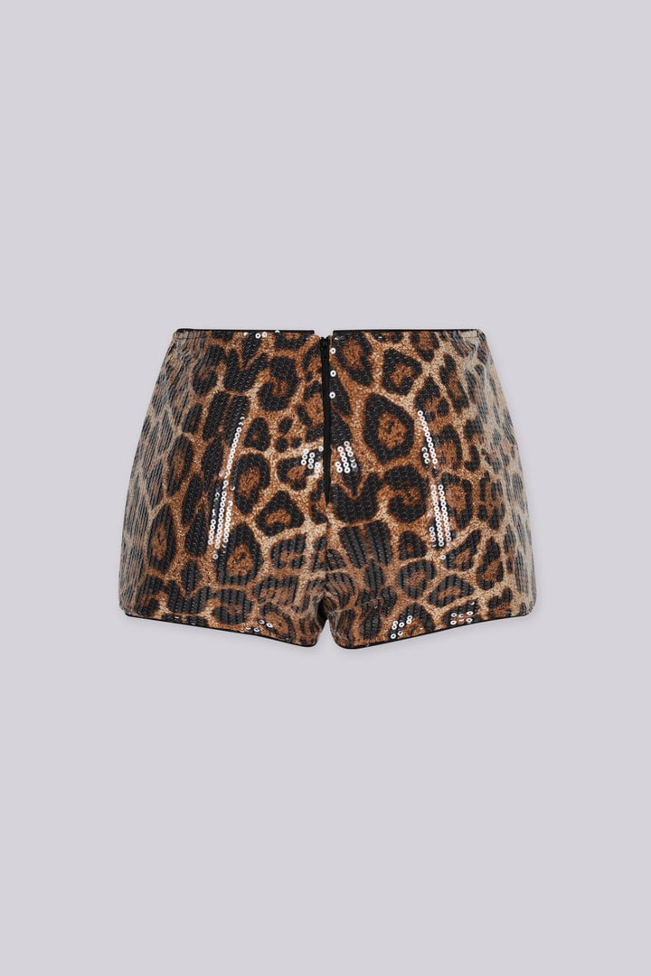 EDGEBYKS - Low rise animal printed shorts featuring allover sparkling sequin design, back view