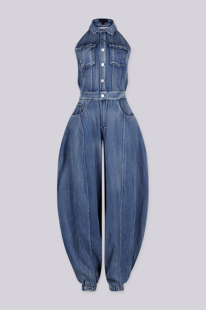 EDGEBYKS - Halter bodice denim jumpsuit with elastic cuffs finish the ankles, front view