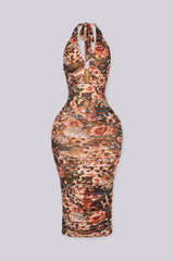 EDGEBYKS - Halter neck midi dress featuring wire plunging neckline cuts deep into the chest, front view