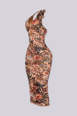 EDGEBYKS - Halter neck midi dress featuring wire plunging neckline cuts deep into the chest, side view