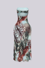 EDGEBYKS - Animal print fitted bodice midi dress with ruffle trim at side,
Open back and slide lock snap closure, back view