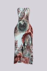 EDGEBYKS - Animal print fitted bodice midi dress with ruffle trim at side,
Open back and slide lock snap closure, front view
