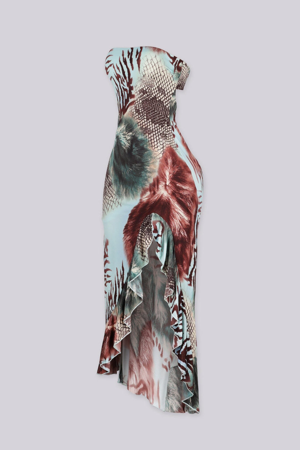 EDGEBYKS - Animal print fitted bodice midi dress with ruffle trim at side,
Open back and slide lock snap closure, side view