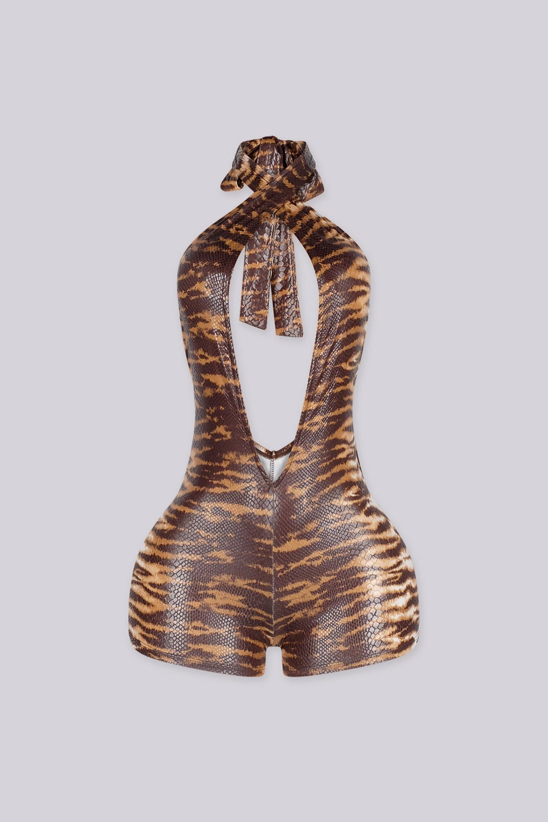 EDGEBYKS - Animal print halter neck plunging V neckline romper with sash tie on waist, front view