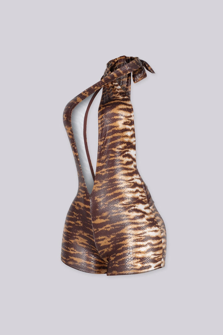 EDGEBYKS - Animal print halter neck plunging V neckline romper with sash tie on waist, side view