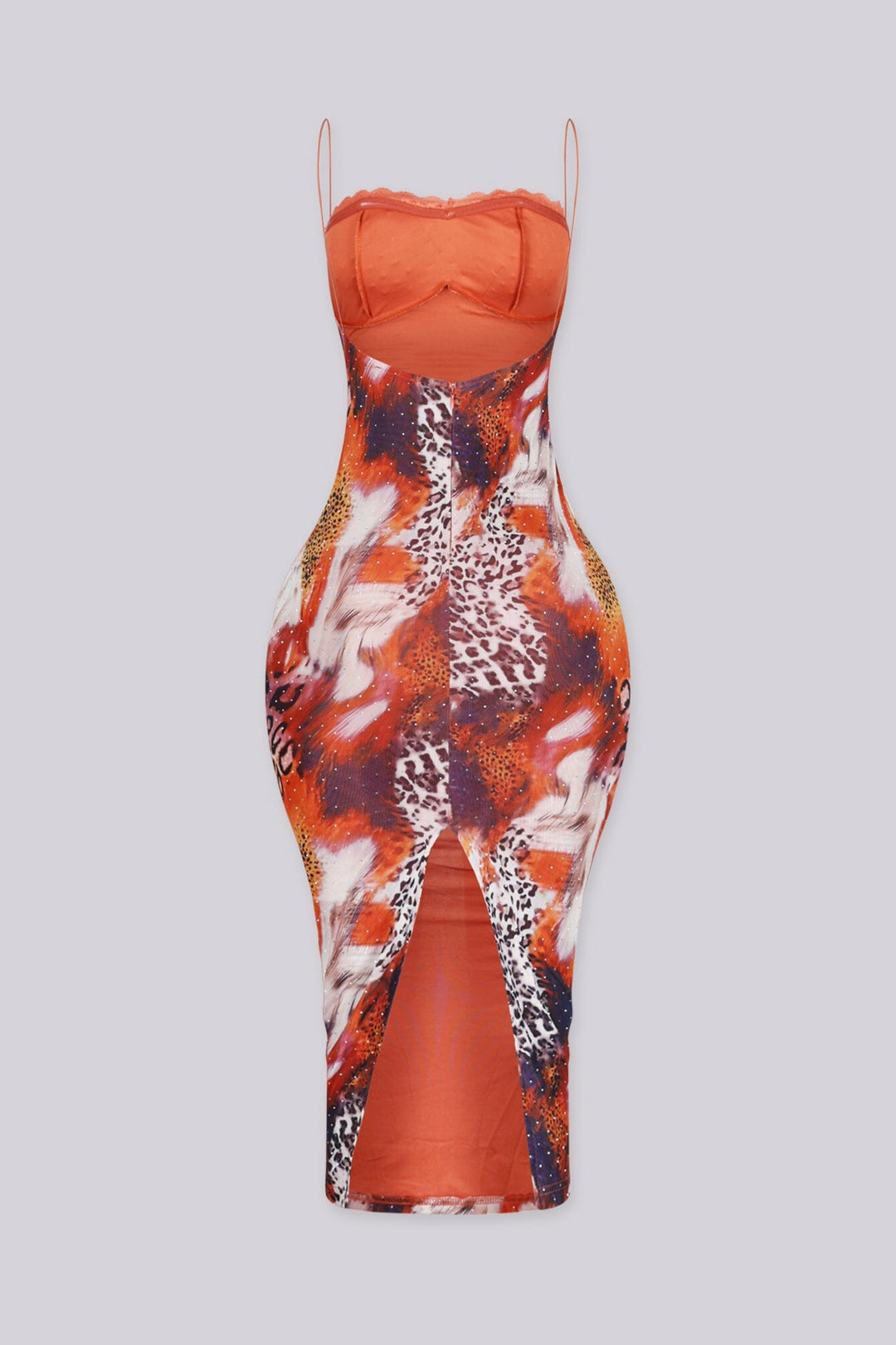 EDGEBYKS - Lace trim sweetheart neckline midi dress with thin elasticized straps, back view