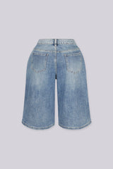EDGEBYKS - Distressed denim shorts featuring extreme cutout ripped detailing throughout, back view
