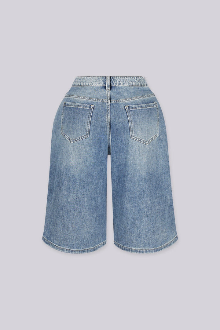 EDGEBYKS - Distressed denim shorts featuring extreme cutout ripped detailing throughout, back view