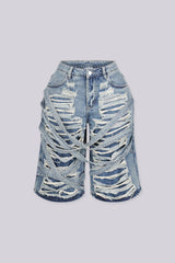 EDGEBYKS - Distressed denim shorts featuring extreme cutout ripped detailing throughout, front view