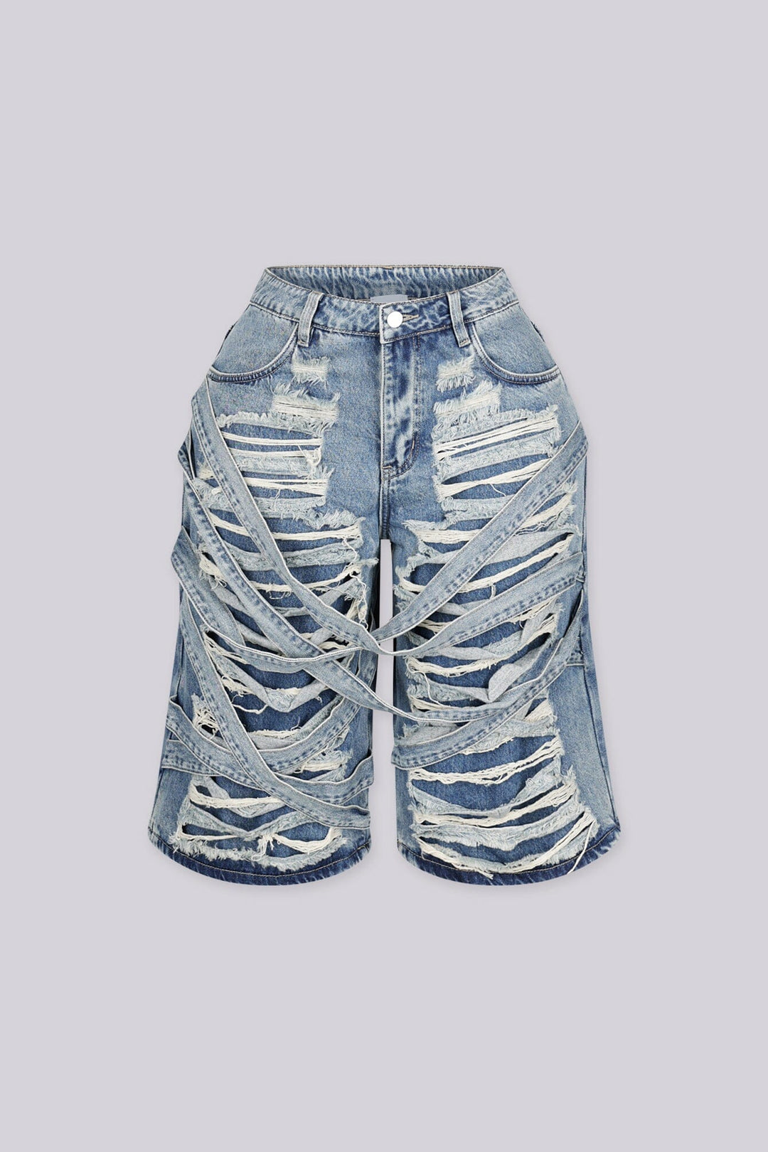 EDGEBYKS - Distressed denim shorts featuring extreme cutout ripped detailing throughout, front view