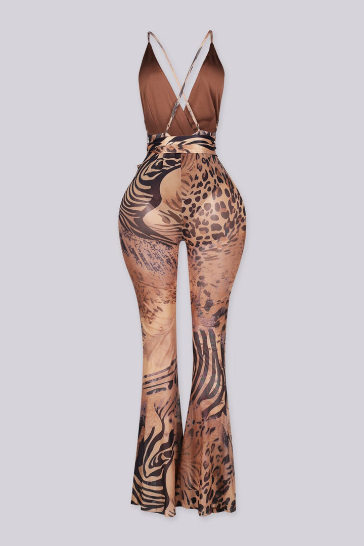 EDGEBYKS - Mixed animal print mesh jumpsuit featuring plunging surplice wrap with tie waist, back view.