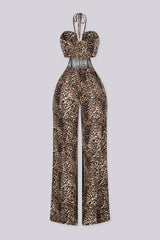EDGEBYKS - Leopard print halter neck jumpsuit featuring structured U cut plunging neckline, Open back with slip on closure, back view