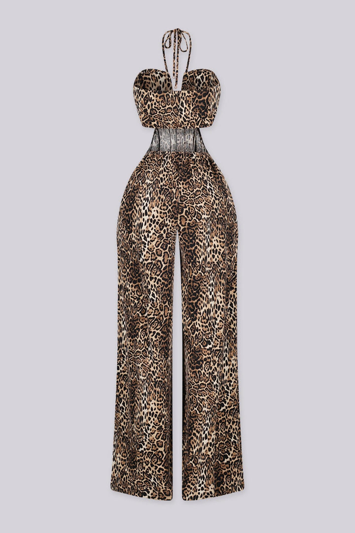EDGEBYKS - Leopard print halter neck jumpsuit featuring structured U cut plunging neckline, Open back with slip on closure, back view