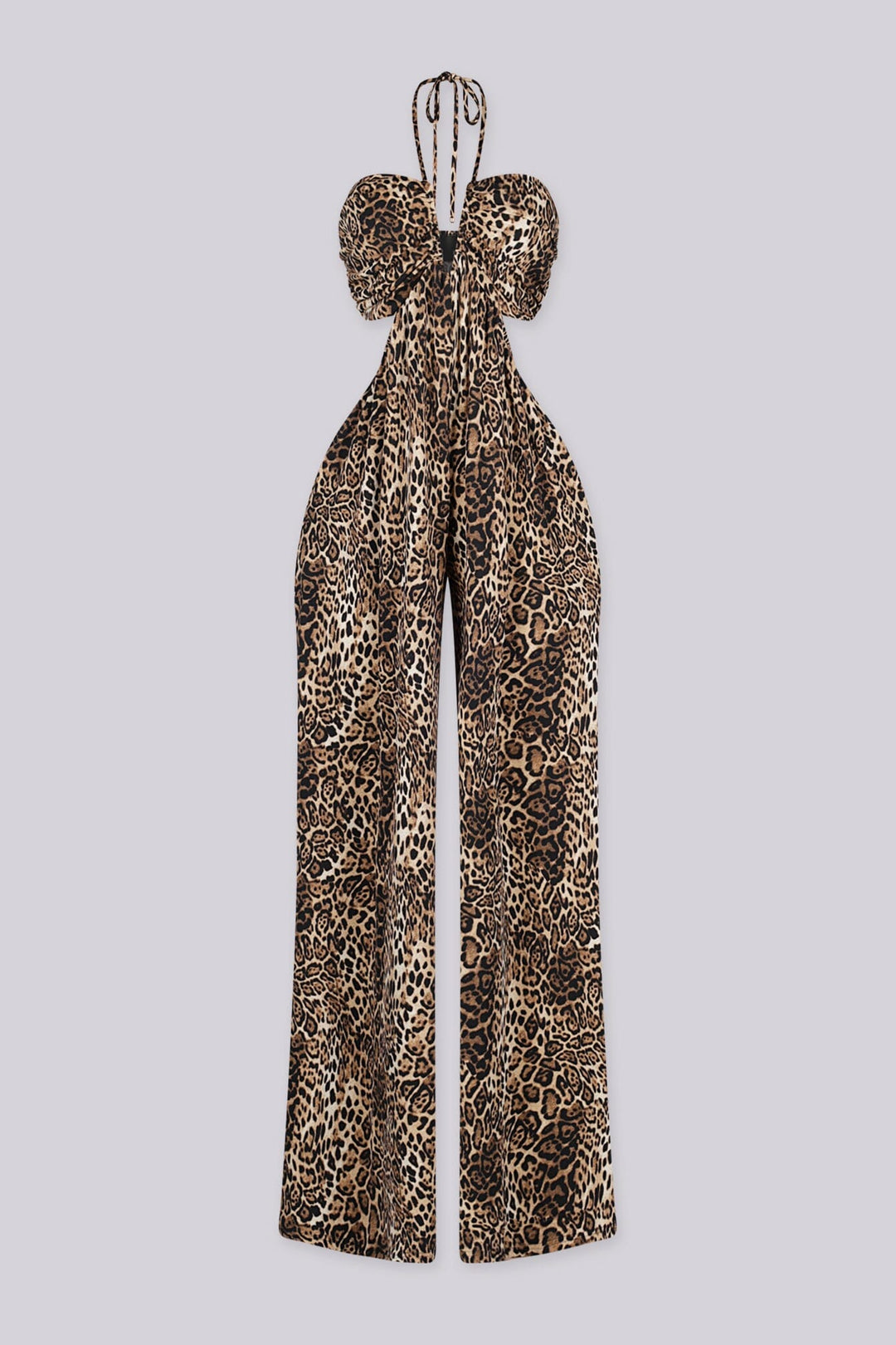 EDGEBYKS - Leopard print halter neck jumpsuit featuring structured U cut plunging neckline, Open back with slip on closure, front view