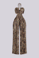 EDGEBYKS - Leopard print halter neck jumpsuit featuring structured U cut plunging neckline, Open back with slip on closure, front view
